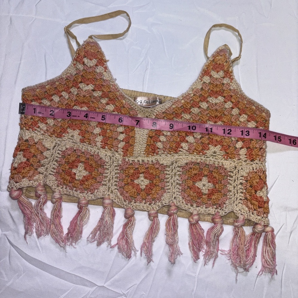 Crochet Fringe Crop Top - Boho Granny Square Festival Knit B-O-G Colllection L - Picture 4 of 5